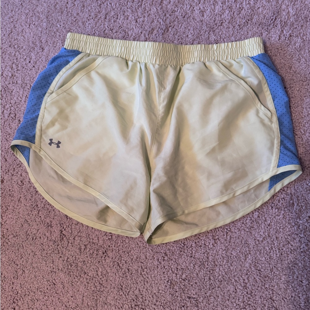 Under Armour Pale Yellow Athletic Shorts with Blue Side Panels